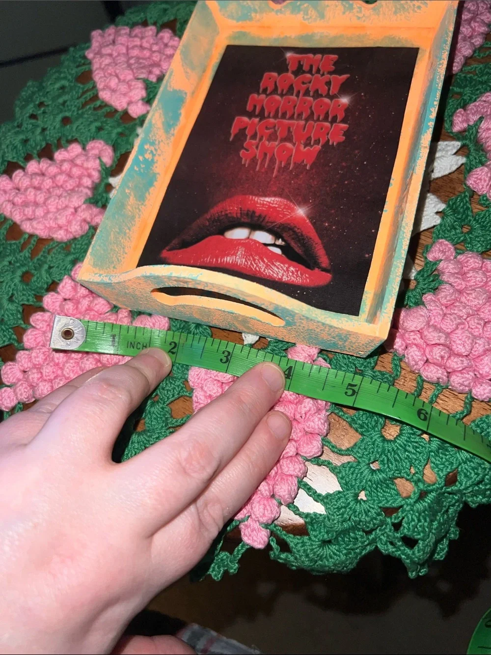 Rocky Horror Picture Show Themed Orange and Teal wooden trinket dish